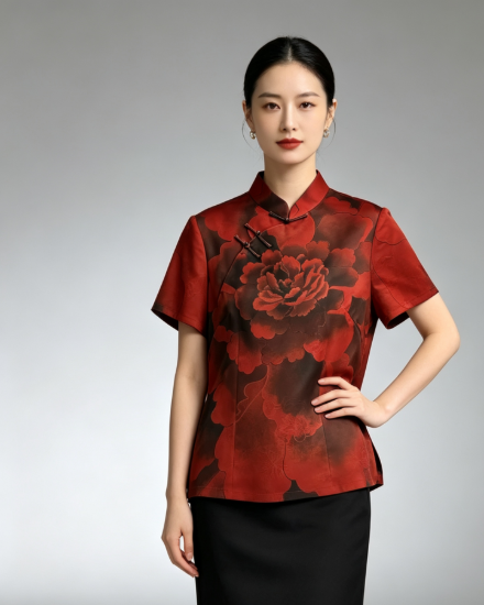 图片 【25XFF007】真丝红色香云纱牡丹旗袍定位花上衣